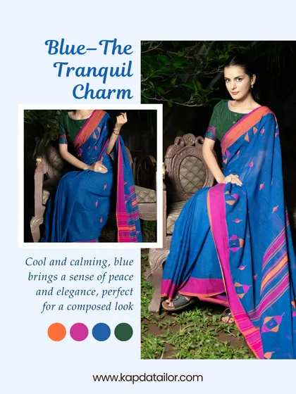 Blue is for tranquil charm. Cool and calming, a blue saree brings a sense of peace and elegance, perfect for a composed and sophisticated look.