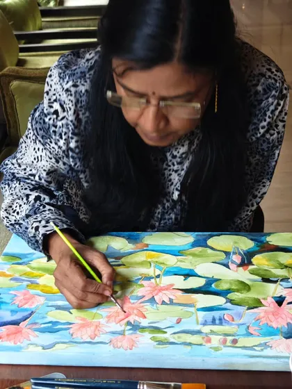 A closer look at me painting a lotus pond live at the ITC Gardenia hotel. These events are a fantastic way for you to see my process and order a customized piece of art.