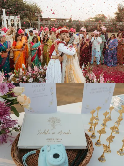 A collage from a joyful wedding ceremony. It shows the couple's happy moment being showered with petals, alongside a guest book table with a polaroid camera for capturing memories.