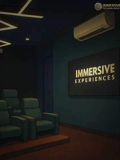 This stylized illustration shows a concept for a cozy yet sophisticated home theater. It features comfortable seating, unique ceiling light fixtures, and a screen ready for an immersive experience.