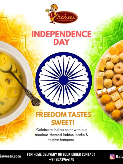 Freedom tastes sweet. Celebrate India's spirit with our tricolor-themed laddus, barfis, and festive hampers, a perfect patriotic treat for Independence Day.