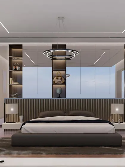 A 3D visualization of a master suite featuring an open-concept layout that seamlessly integrates the sleeping area with a luxurious, glass-enclosed bathroom.