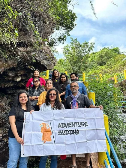 Another group shot at a waterfall in Chikmagalur, with our banner proudly displayed.