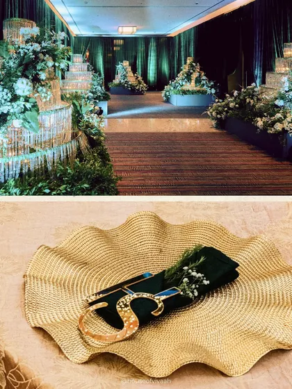 A detailed shot of a place setting with a custom monogrammed napkin holder on a golden charger plate, highlighting our focus on personalization.