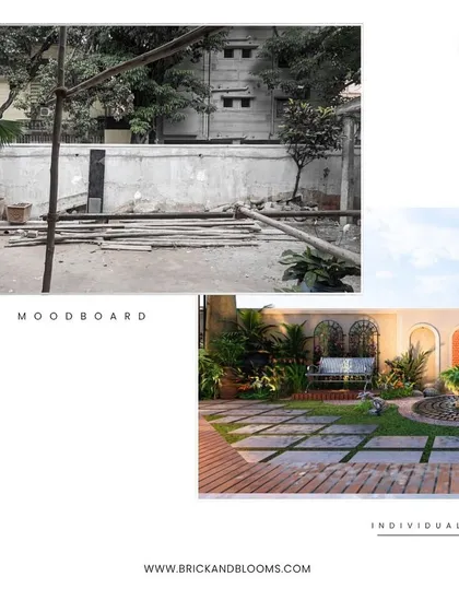 An empty, unfinished yard becomes a classic, elegant garden in our design. We used elements like arched wall niches, a central water feature, and stone pathways to create a timeless and romantic atmosphere.