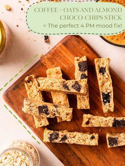 My Oats & Almond Chocolate Chip Sticks are the perfect 4 PM mood fix. They combine wholesome oats, crunchy almonds, and rich chocolate chips for a satisfyingly sweet and healthy snack.
