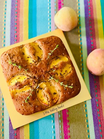 Peach cakes, many ways. This one is a simple peach and thyme cake, letting the flavour of the fresh fruit shine.