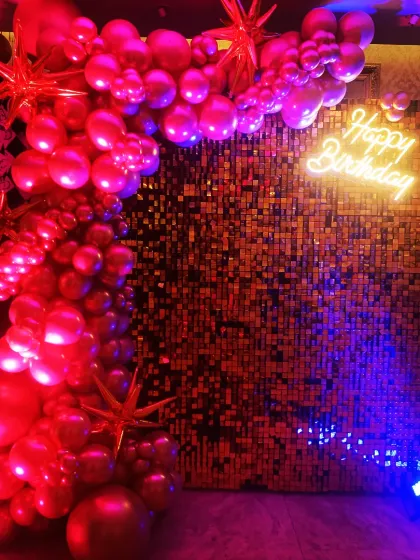 The rose gold shimmer wall under red and blue party lights. This shows how the backdrop can change its look to match the vibe of the party throughout the evening.