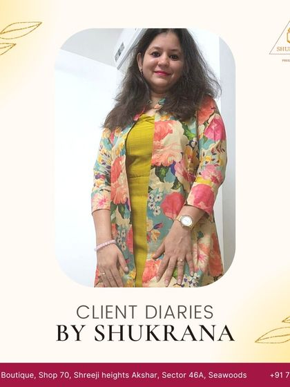 Elevate your style with a touch of individuality. This client looks wonderful in her custom-designed floral jacket and yellow kurta.