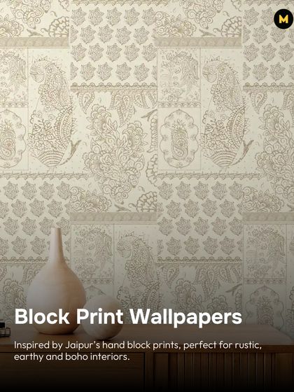 Inspired by Jaipur's hand block prints, this wallpaper is perfect for creating a rustic, earthy, or boho interior. The subtle, repeating patterns add texture and warmth to this console area.