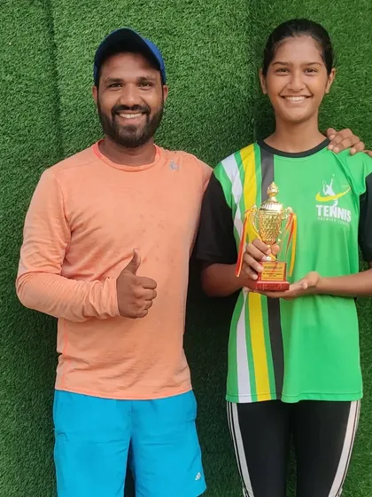 Abhilipsa Mallick with her coach after her Doubles Runner-up finish at the All India National Series in Jalandhar.