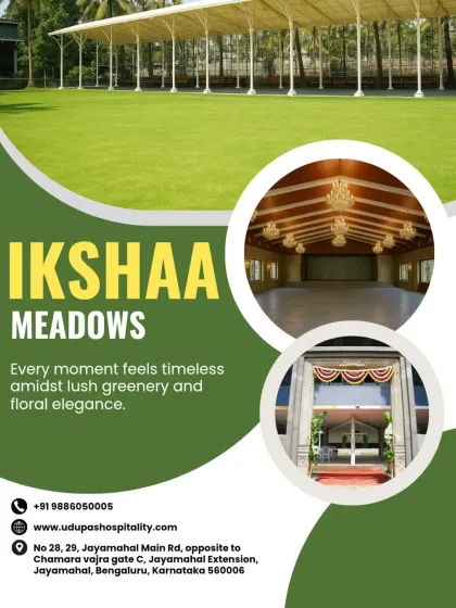 An overview of Ikshaa Meadows, showcasing its lush greenery, covered outdoor space, and elegant indoor hall. This venue offers a perfect blend of natural charm and practical event facilities.