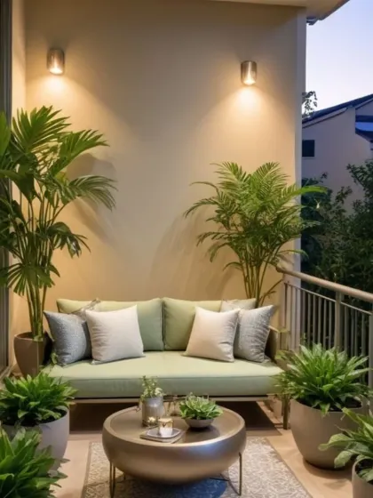 A simple and elegant balcony setup featuring a comfortable sage green sofa and a metallic coffee table. Surrounded by lush palm plants, this design shows how a few carefully selected pieces can create a beautiful and functional outdoor space.