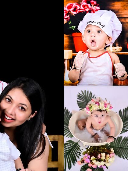 This collage shows off two popular creative themes. One features a 'Little Chef' getting delightfully messy, while the other is a beautiful milk bath session with a floral crown.