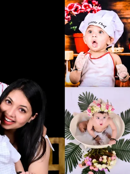 A collage showing a mother with her baby, along with themed shots of the baby as a chef and in a milk bath.