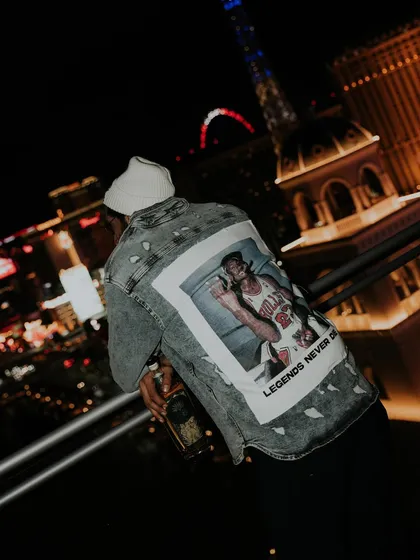 Creating a vibe for a lifestyle brand campaign with Rana Daggubati for Loca Loka Tequila. This shot captures a cool, urban energy against the Vegas lights, with a custom denim jacket that tells its own story.