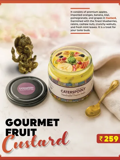 Here’s proof that dessert can be both healthy and festive. Our Gourmet Fruit Custard is a creamy delight, made with premium apples, oranges, kiwi, and banana, and garnished with blueberries, nuts, and raisins. It’s a treat for your taste buds.