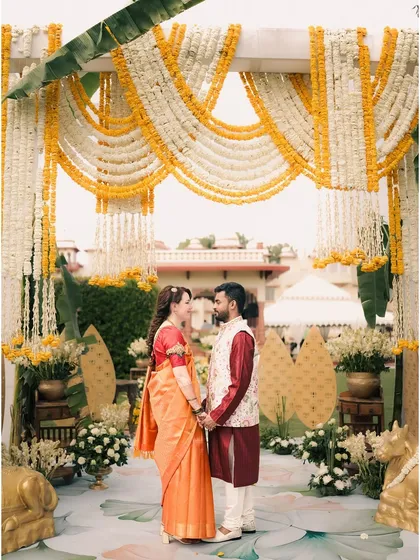 The beauty of a South Indian wedding, rich in tradition and color. We have extensive experience capturing diverse cultural ceremonies, ensuring every ritual is documented with respect and artistry under a beautiful floral mandap.