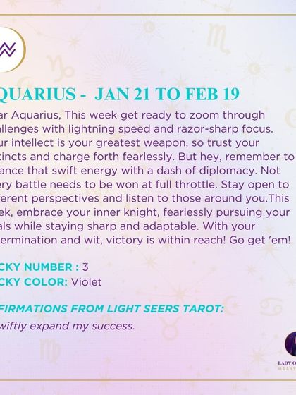 A weekly tarot prediction for Aquarius. This week get ready to zoom through challenges with lightning speed and razor-sharp focus. Your intellect is your greatest weapon, so trust your instincts and charge forth fearlessly.