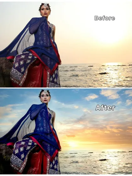 Before and after: The original sunset was washed out, so I replaced the sky and enhanced the colors on the model's outfit to create a dramatic and breathtaking final image.