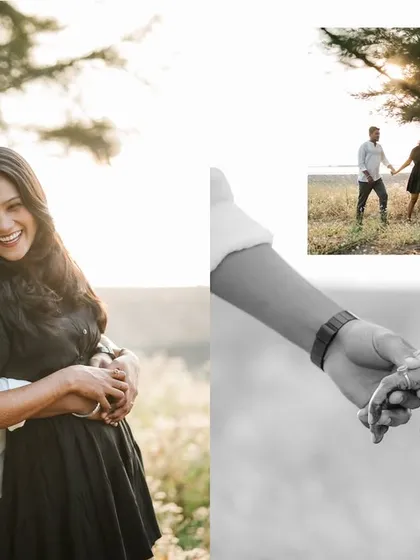 A collage combining a warm, smiling embrace with a black and white detail shot of the couple holding hands. It perfectly balances intimacy with the bigger picture.