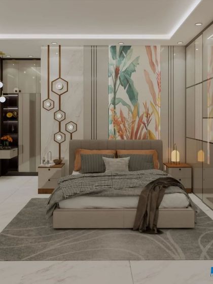 A luxurious bedroom render with a large, glass-paneled wardrobe, a nature-themed wallpaper accent, and a stylish vanity area.