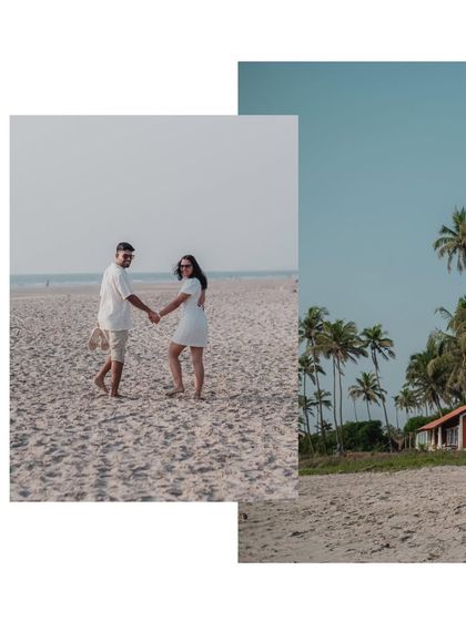 A collage combining a portrait of the couple with a shot of the classic Goan beach huts and palm trees, perfectly capturing the location's vibe.