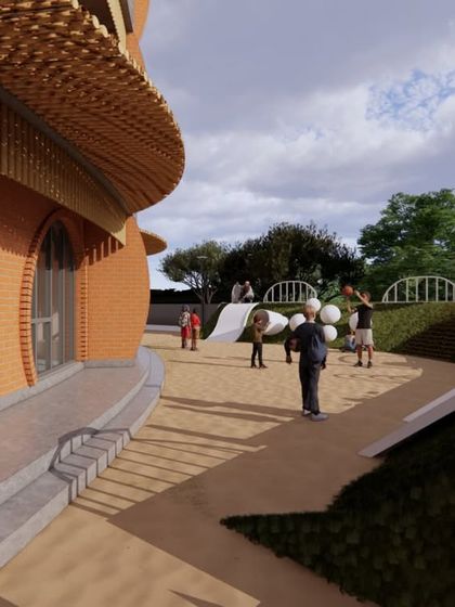 This is the Sensory Garden at Urban Gurukul, designed for hands-on, tactile learning. The space incorporates natural textures like sand and mud-plastered walls, along with play structures that allow children to explore shapes, sounds, and materials in an outdoor setting.