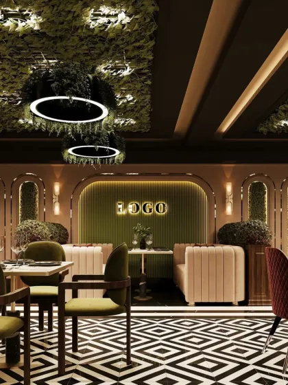 This restaurant design uses a bold black and white geometric floor pattern to create a dynamic foundation. The look is balanced with a ceiling covered in lush greenery and soft, neutral-toned seating for a dramatic yet inviting feel.