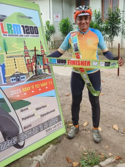 The smile of a finisher after the Tea Garden & Cape Comorin 1200K LRM. This rider completed his 11th LRM, the highest from our club, showcasing his incredible legacy in randonneuring.