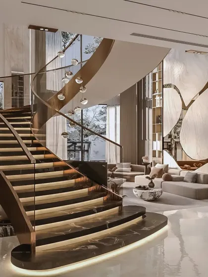 This double-height living area is defined by its magnificent spiral staircase, which serves as a functional sculpture. I used a combination of marble, warm metallic accents, and integrated lighting to create a sense of grandeur and fluid movement, making a powerful first impression.