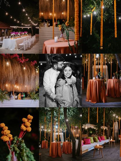 A collage capturing the cozy and rustic decor of a Mehendi night, with string lights, marigolds, and an outdoor bar.