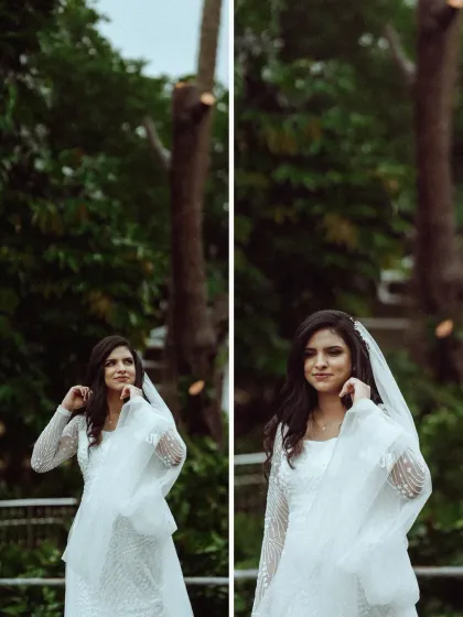 Two portraits capturing the bride's joyful anticipation, her hands gently adjusting her veil. These candid shots are full of life and happiness.