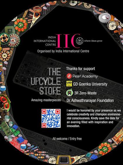 The back of the "ECOINNOVATIONS" invitation, thanking supporters like Pearl Academy, GD Goenka University, and others.