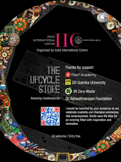 The back of the "ECOINNOVATIONS" invitation, giving thanks to supporters like Pearl Academy and GD Goenka University.