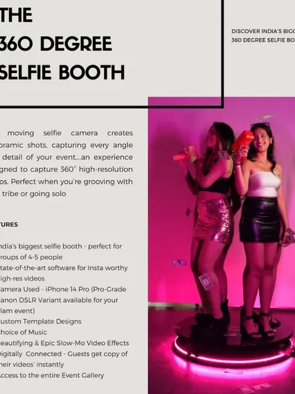 A closer look at the 360 Degree Selfie Booth experience. It's India's biggest selfie booth, fitting groups of 4-5 people, and uses an iPhone 14 Pro for high-quality videos, with a DSLR upgrade available for extra glam.