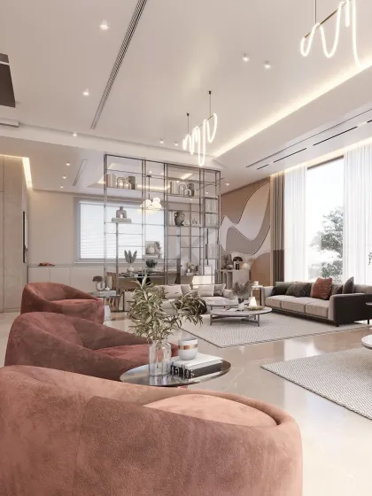 A wider view of the open-plan living area, showing the different seating zones we created for various activities, from formal gatherings to casual lounging.