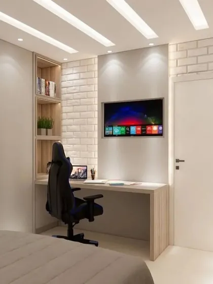 A simpler version of the room, showing just the study desk and shelving against the brick wall. This demonstrates how we can adapt designs to different needs and budgets.