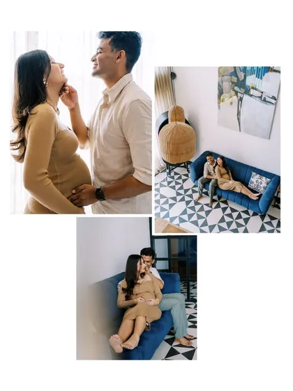 This three-photo collage captures the joy and intimacy of a home session. The high-angle shot of them on the sofa provides a unique perspective on their space.