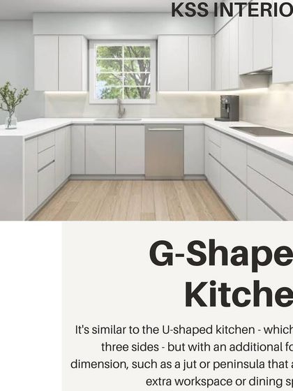 What is a G-shaped kitchen? This graphic explains how this layout adds a peninsula to a U-shaped kitchen, providing extra workspace or a dining area.