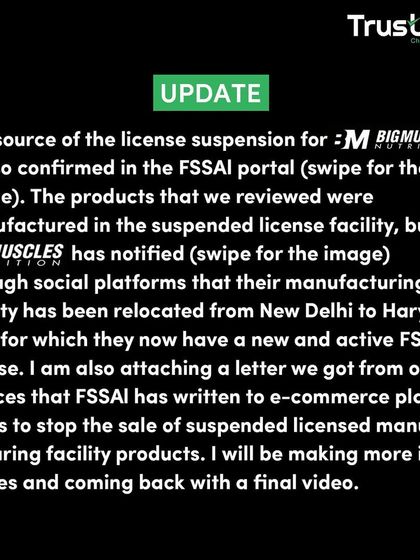 Here is an update summarizing the Big Muscles license suspension. The FSSAI portal confirms the suspension of the facility where the products I tested were made. The brand claims to have moved, but the facts about the tested products remain.