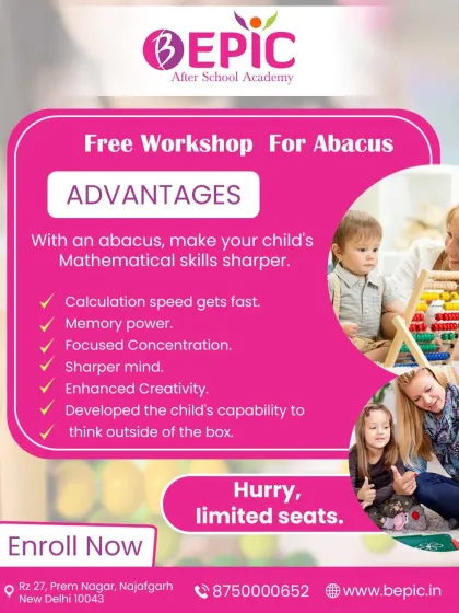 My free abacus workshop is the perfect introduction to boosting your child's brainpower. This poster outlines the key advantages, from faster calculation and better memory to enhanced creativity.