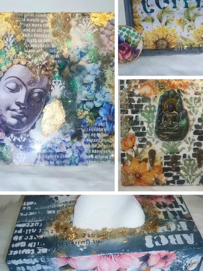 My mix media resin art workshop in August will teach you how to make a variety of items, including a coffee tray, tissue box, and Buddha art piece, using decoupage, textures, and resin.