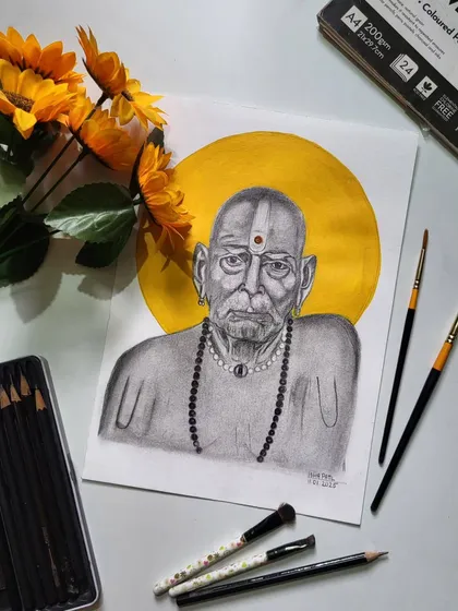 A detailed graphite portrait of Shree Swami Samarth. The touch of gold paint for the halo adds a divine glow. This piece is a reminder that just chanting his name brings immense peace.