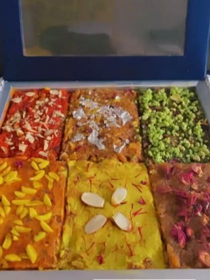 Our Halwa Brick Platter is a modern way to serve traditional Indian sweets. It features an assortment of different halwas, such as moong dal, gajar, and badam, all cut into neat bricks and garnished beautifully.