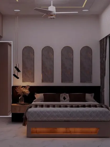 The same bedroom concept shown with warm, evening lighting to illustrate the mood.