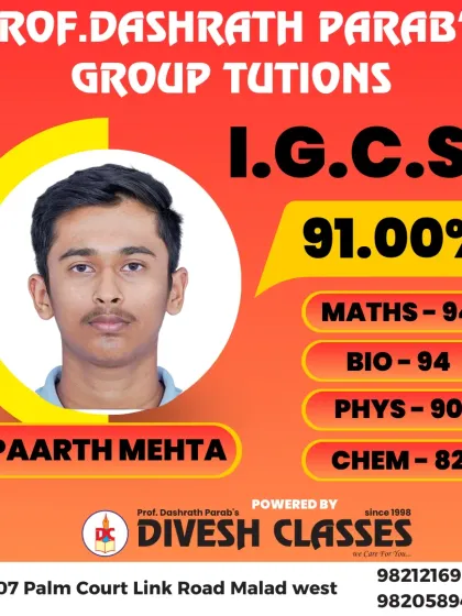 A closer look at Paarth Mehta's impressive I.G.C.S.E. scores. Achieving 91% with high marks in subjects like Maths and Bio shows a well-rounded academic strength.
