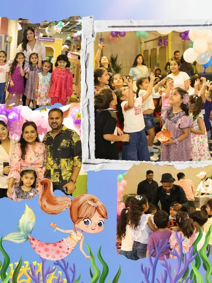 A beautiful collage showcasing the fun and excitement of the mermaid party, with kids looking up in wonder during the bubble and balloon shower.