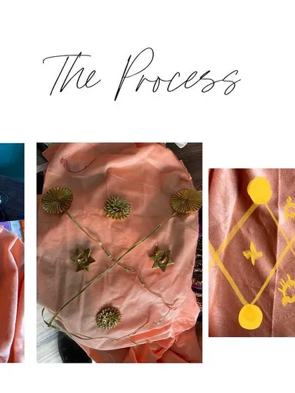 The process behind our handmade gota bar. This collage shows the fabric selection, the hand-drawn design, and the final piece, showcasing the magic of craftsmanship that goes into creating such custom details.