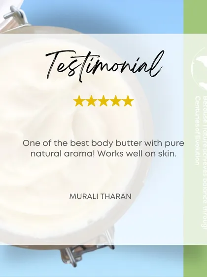 A five-star review from a happy customer, Murali Tharan, who loves our body butter for its pure, natural aroma and how well it works on the skin.